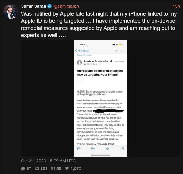 Tweet from @samirsaran describing the notification.